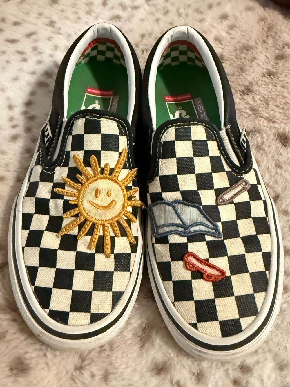 Vans Skateistan Black White Checkered Slip On Shoes Patch Detail Mens Size 4